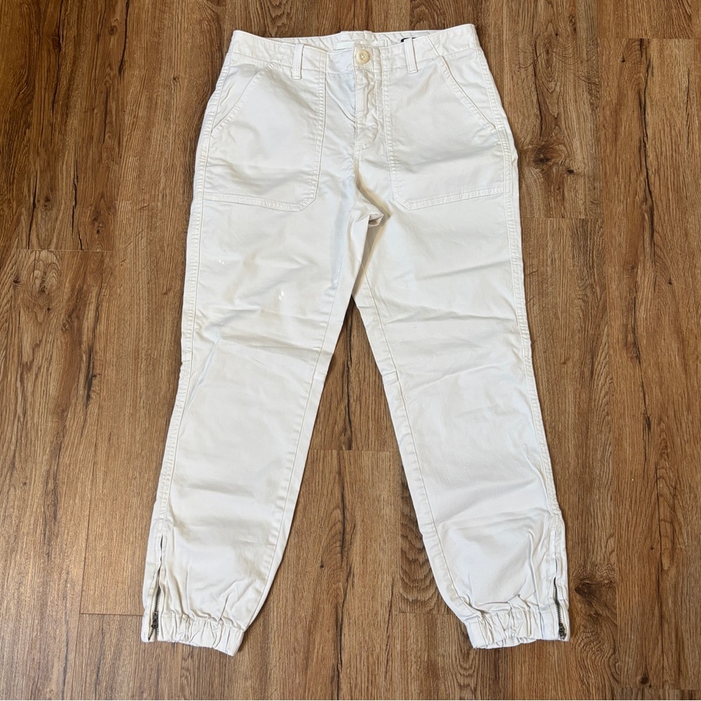 Cream Pants with Elastic Zipper Cuffs
